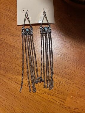 Silver Tone Fringe Drop Earrings with Turquoise Accent